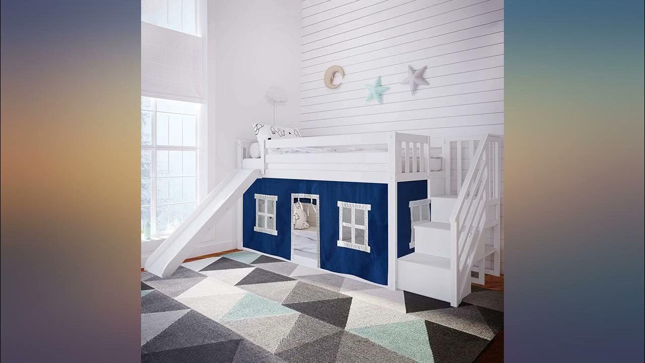 Max & Lily Twin Low Bunk Bed with Stairs and Slide, Twin//Twin, Grey