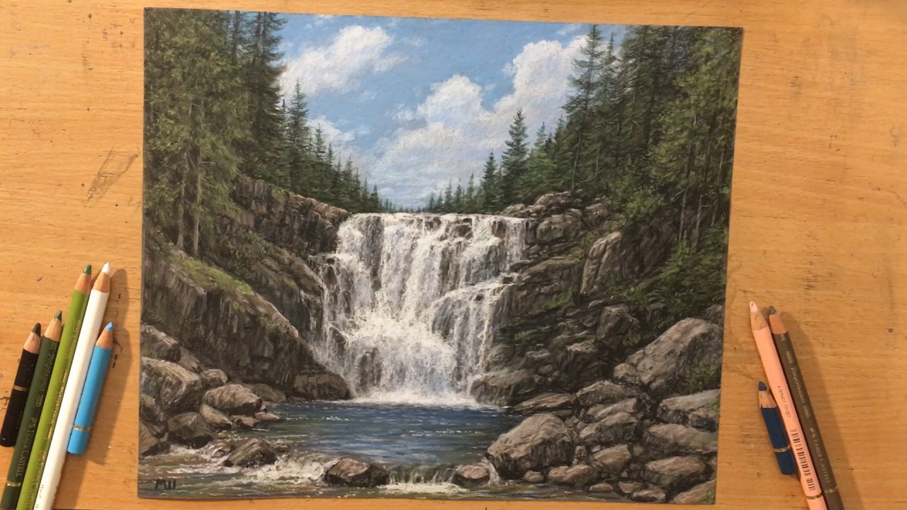 Рисунок водопада - пейзаж, выполненный цветными карандашами.