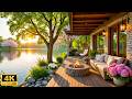 Spring Sunset Porch Ambience ☘️ Gentle Piano Music &amp; Fire Pit for Relaxation