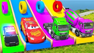 Long Cars vs Speed Bumps and Truck Rescue Cars - Big & Small Mcqueen vs Slide - Cars vs Deep Water