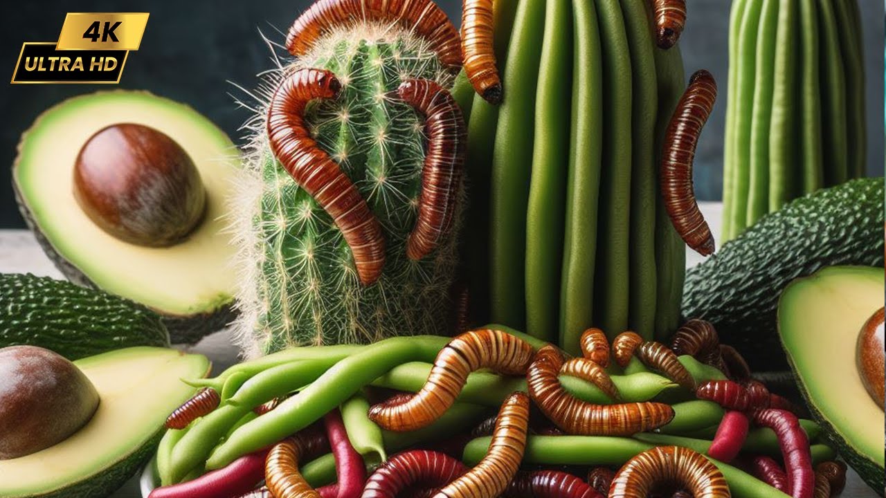Mealworms eating Cactus, green beans and avocado thousands of worms