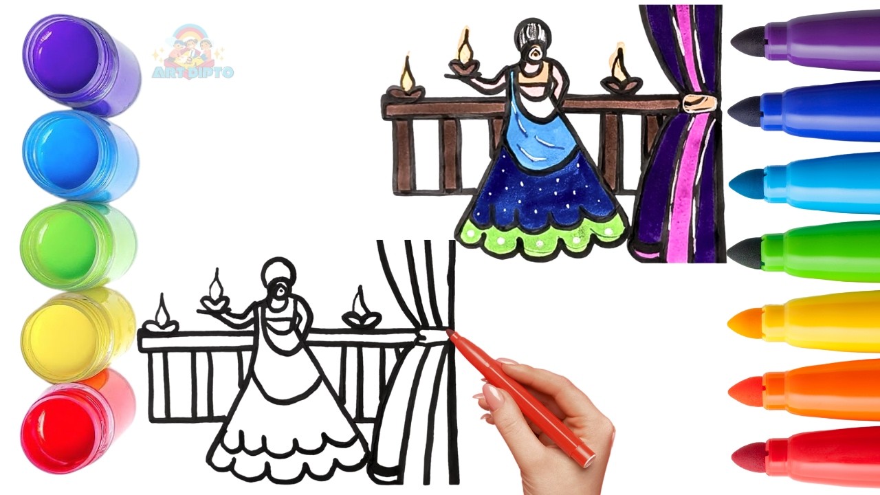 How To Draw cute Diwali girl Drawing, Painting & Coloring For Kids and Toddlers_🌈🎨