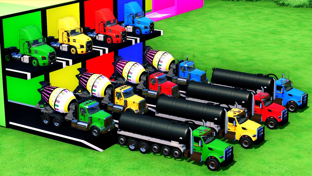 Красочные огромные грузовики — перевозят полицейские машины и бетоносмеситель с платформенным при...