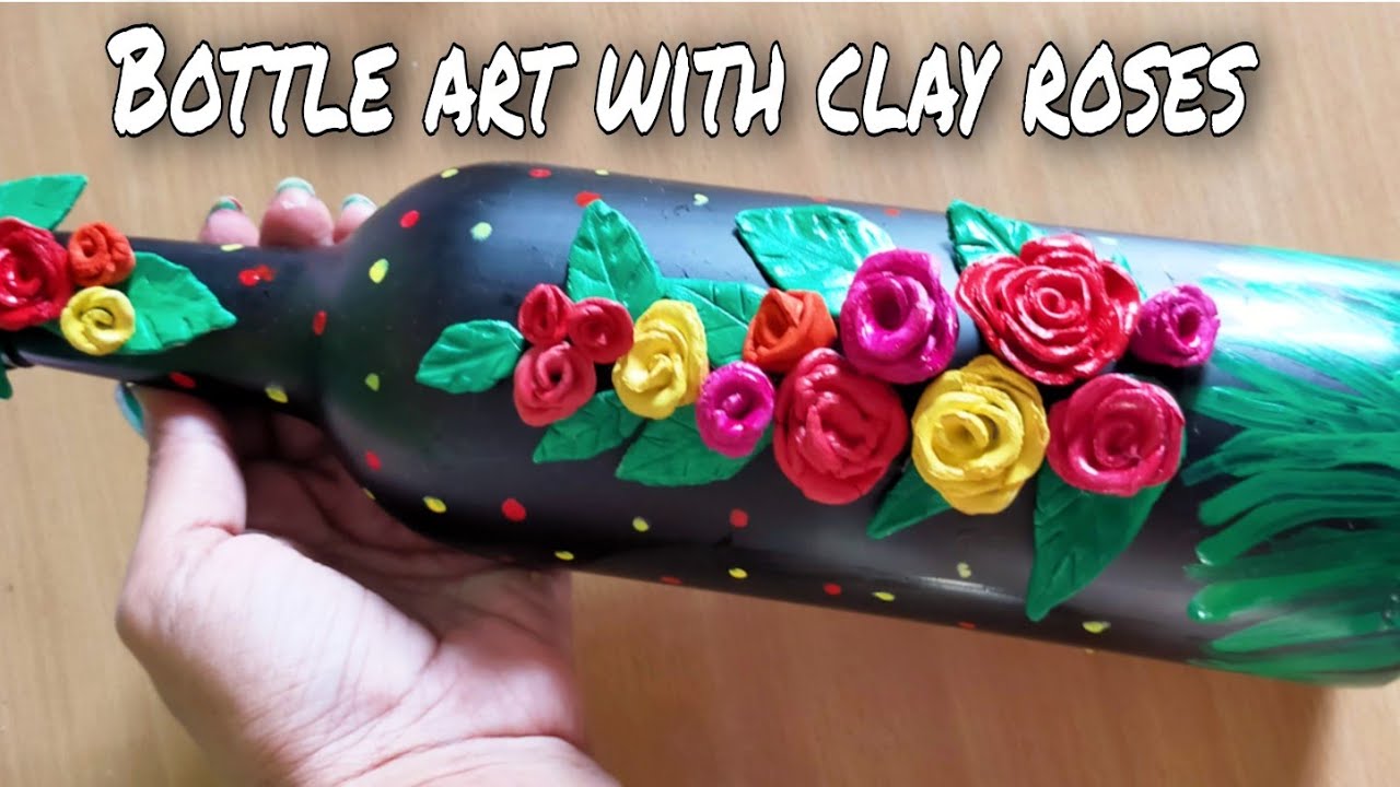 Bottle art with clay roses DIY bottle art glass bottle clay art