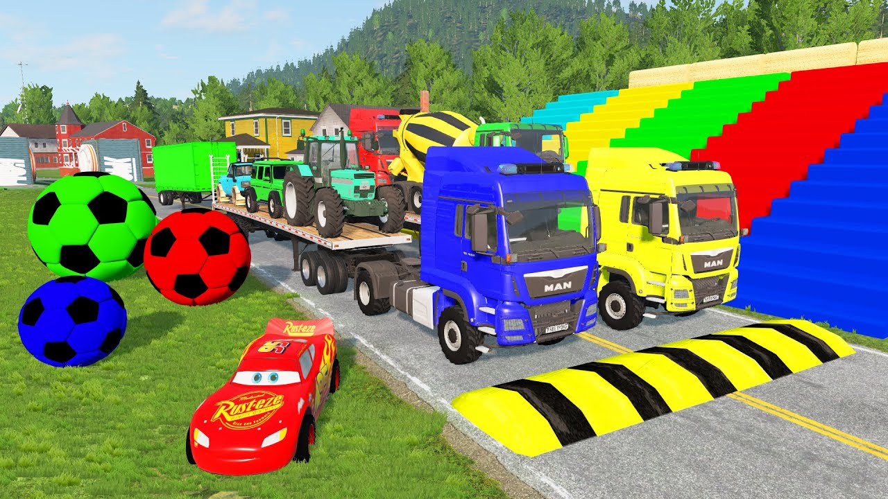 Flatbed Trailer McQueen Transportation with Truck - Speedbumps vs Cars vs Train - BeamNG.Drive #4