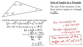 Find Measure of Each Angle in a Triangle with Sizes x Degrees, (2x-10) Degrees, and (3x+40) Degrees