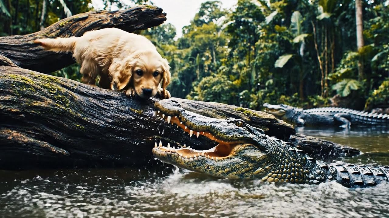 Animal warning to humans. Golden Retriever saves her cub from alligators 