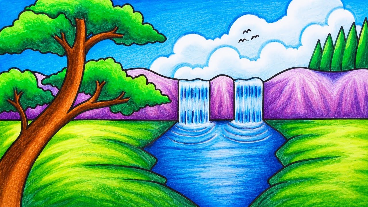 How To Draw Easy Scenery Beautiful Waterfall | Drawing Waterfall ...
