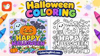 Happy Halloween Coloring Page for Kids | Cute Pumpkin, Ghost and Bat
