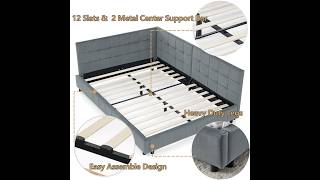 Full Size Corner Bed Frame with Comfortable Backrest & Armrests, Upholstered Daybed