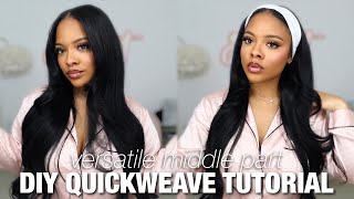 DIY FLAT MIDDLE PART NATURAL QUICKWEAVE TUTORIAL ✨|BEGINNER FRIENDLY 🤍  ft . UNice Hair