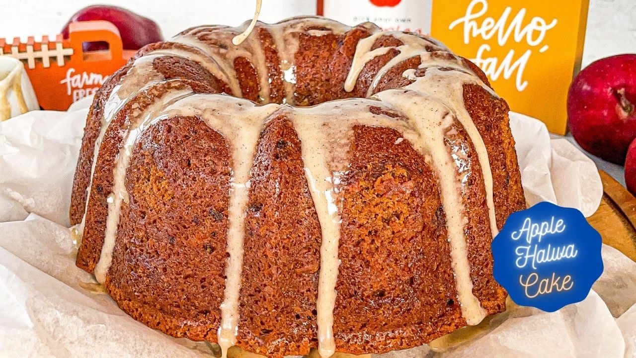 Eggless Apple halwa cake with a spiced glaze. Perfect Indian fusion dessert recipe for fall baking!