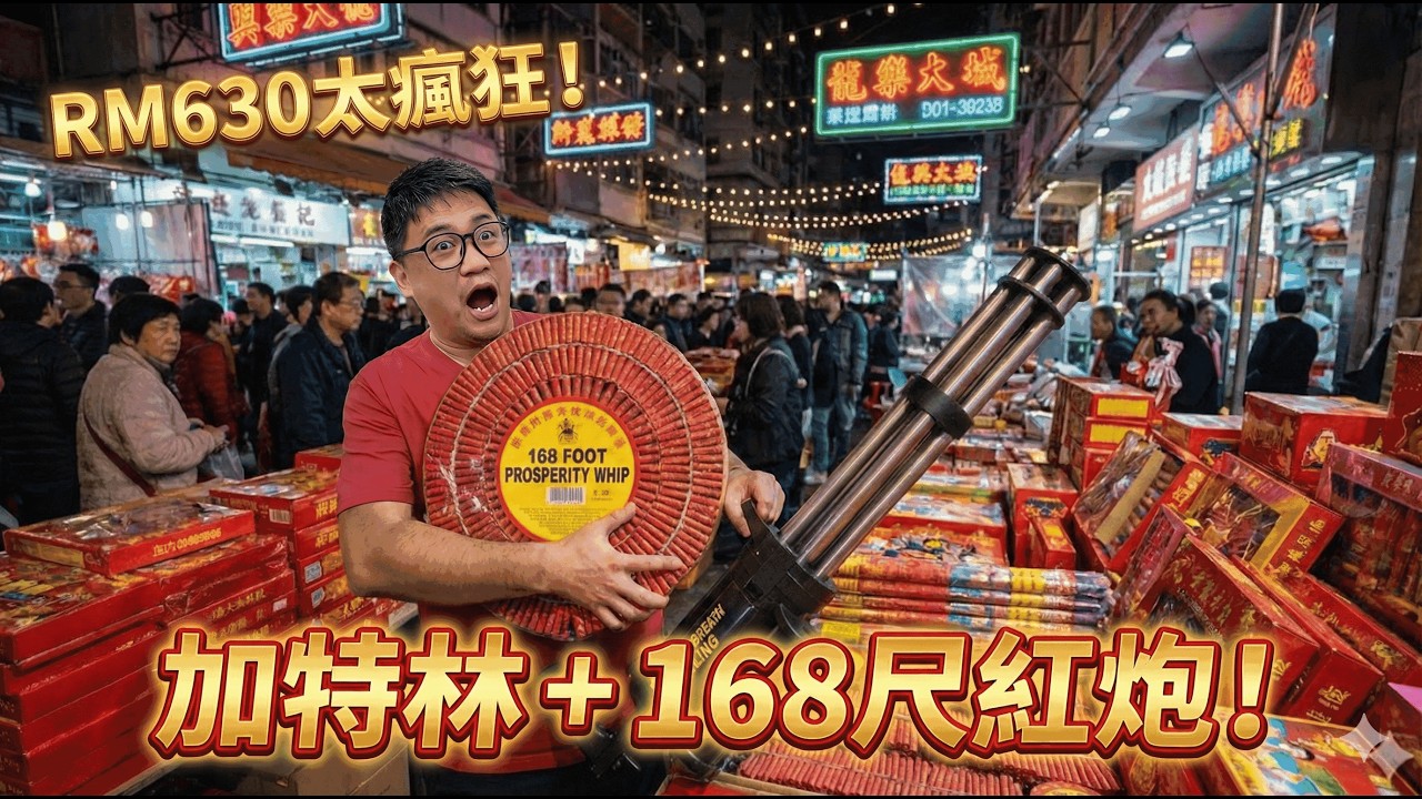 大馬農曆新年太瘋狂!!! RM630買了一整車煙火? 168尺紅炮+加特林機槍實測!!!(請打開cc字幕 但有點不准)