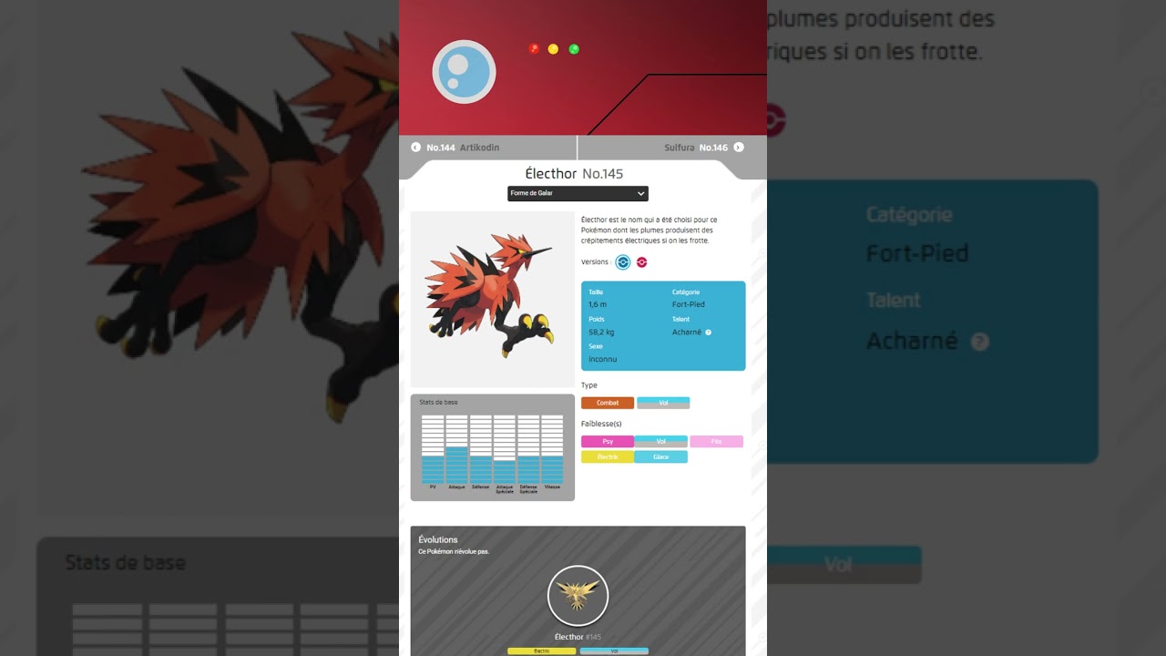 Pokémon 145 Électhor Forme de Galar - projet POKÉDEX