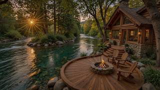 Calm Piano Music Cabin Porch Nature 🔥🌿 Soft Summer Morning Birds and Gentle Firepit