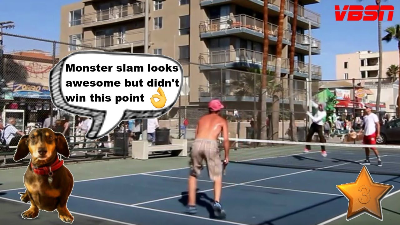 Paddle tennis regulars play awesome point @ Venice Beach CA