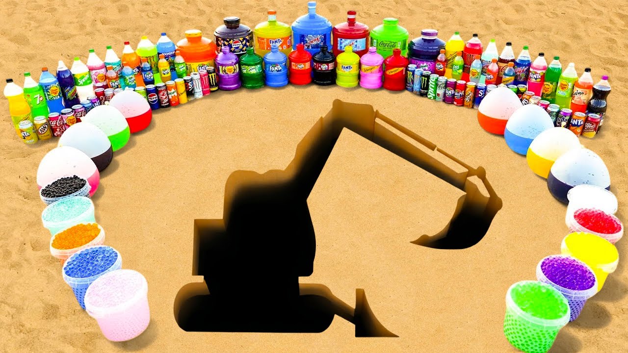 How to Make Excavator with Cement & Orbeez, Giant Balloons of Sodas, Fanta, Coca Cola vs Mentos