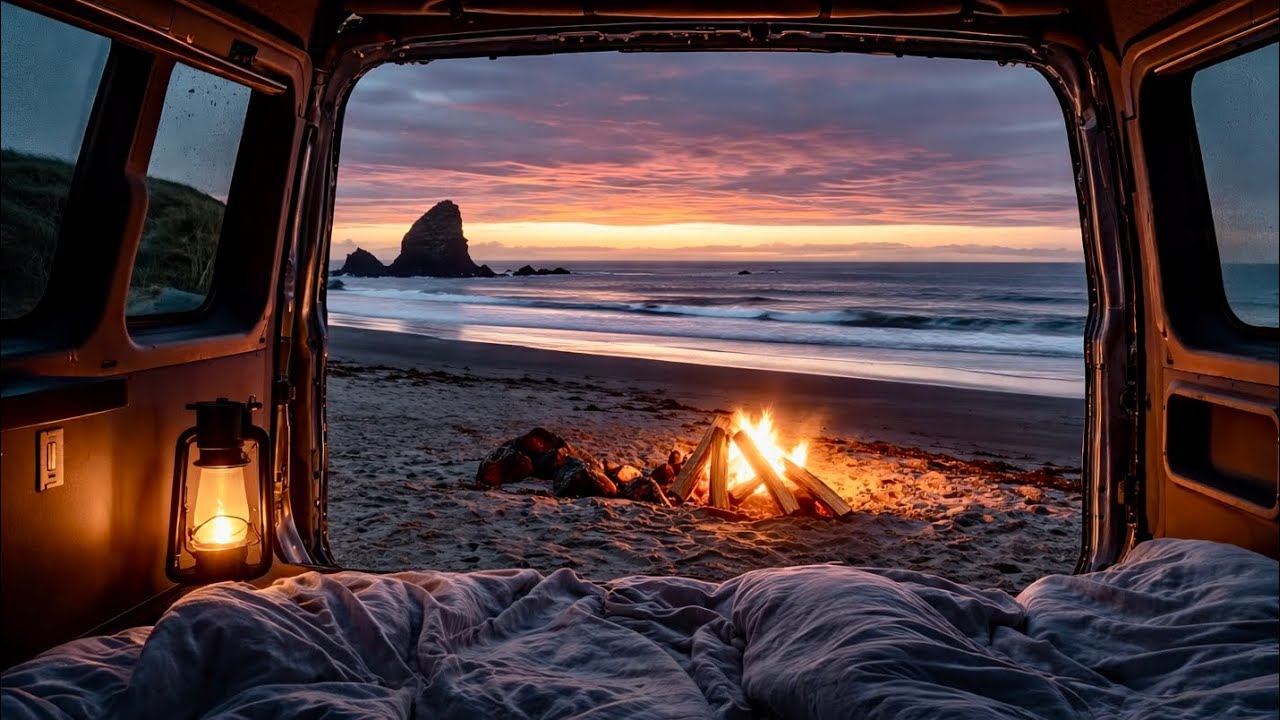 Piano Ambience By The Ocean Campfire | Cozy Beach Van Sunset for Relaxation & Sleep (8 Hours)