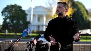 Volodymyr Zelensky speaks to the media after meeting with Donald Trump
