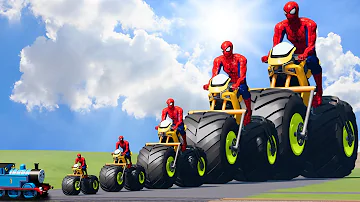 Big & Small Spiderman on a motorcycle with Monster Truck Wheels vs Thomas Train  | BeamNG.Drive