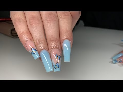 Blue Pastel Deep French Butterfly Foil Acrylic Nails