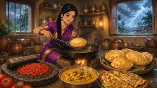Rainy Day in 1990s Indian Village 🌧️ | Poori, Homemade Tomato Chutney & Omelette | Ghibli Style ASMR screenshot 5