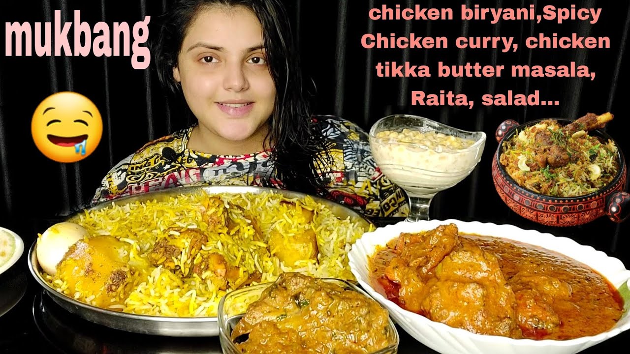 Eating Kolkata Style Chicken Dum Biriyani,Spicy chicken curry,chicken Tikka Butter Masala,Mukbang 🤤