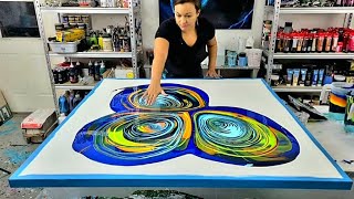 BIG Blue Swirl ~ Huge Acrylic Pour Painting with Blue, Green, and Orange