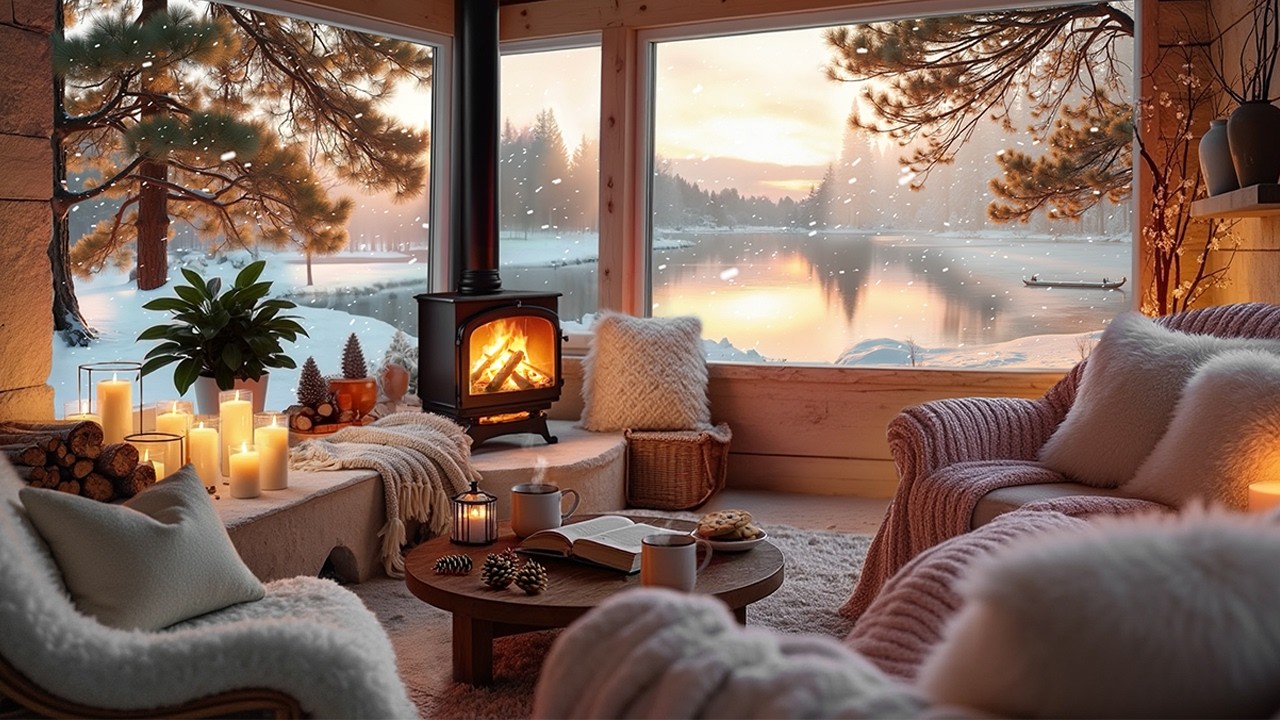 Magical Winter Lakeside Cabin ❄️🔥 Fireplace Crackles & Snowfall Ambience | Relaxing Sleep Sounds