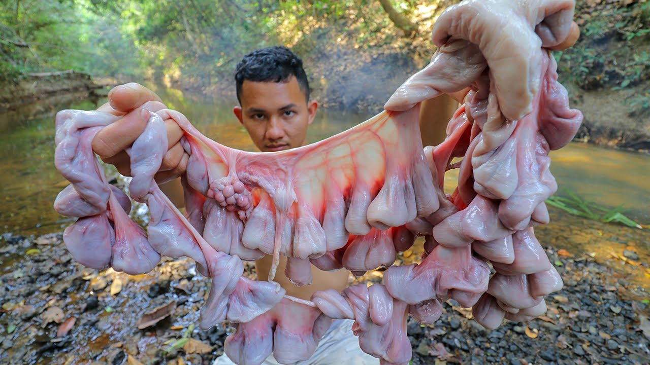 Cooking Yummy Big Pig Intestines and Eating Delicious in the Jungle