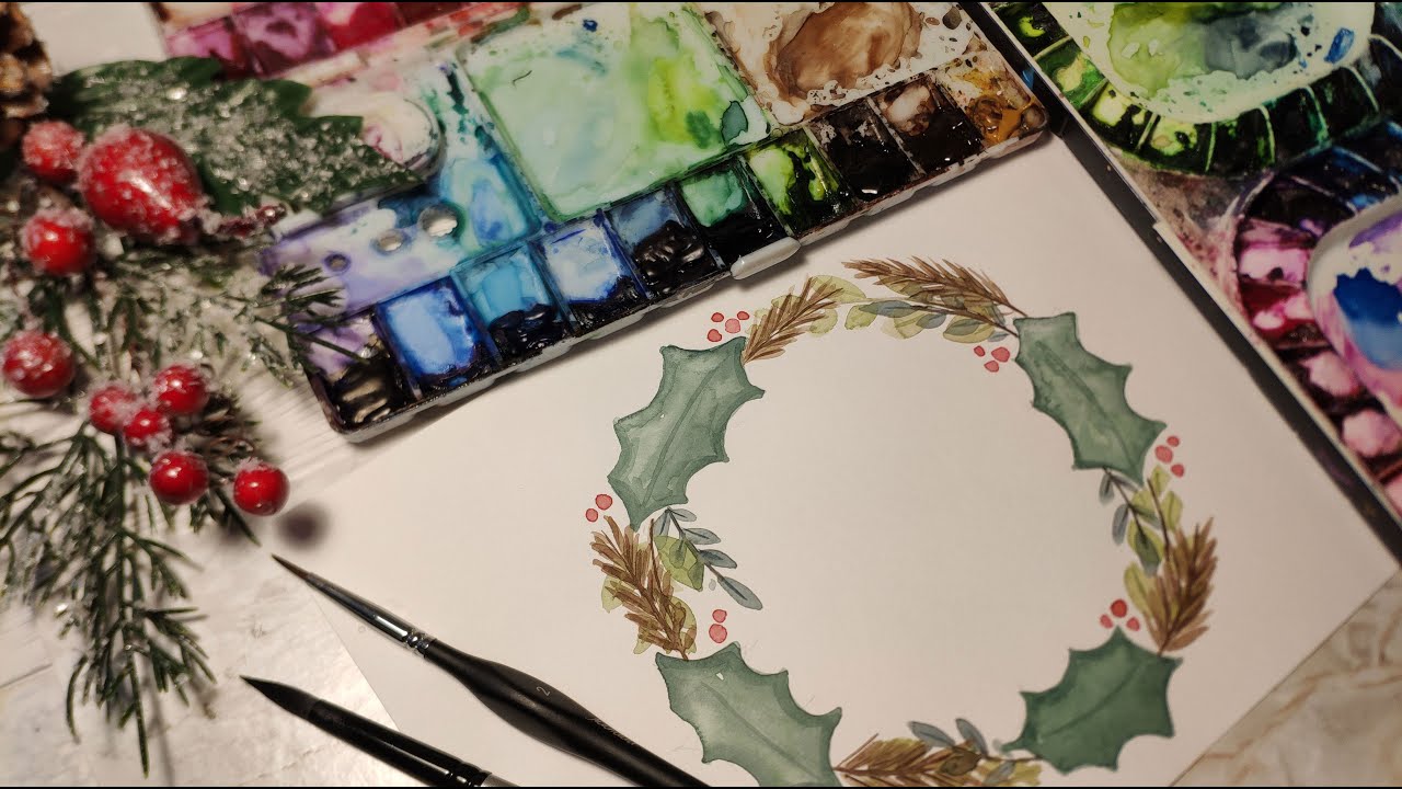 Easy Christmas Wreath in watercolor by Lagartixa - YouTube