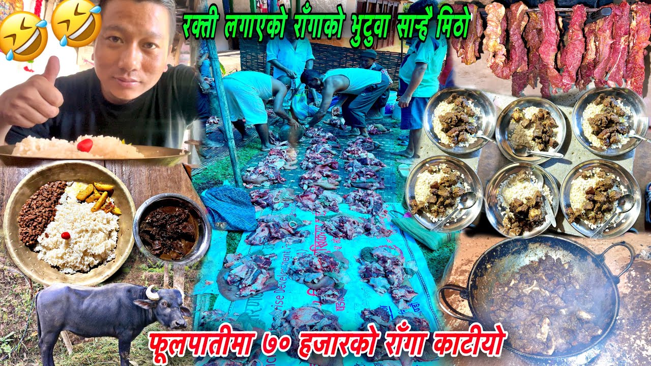 315 KG BUFFALO MEAT CUTTING IN NEPALI VILLAGE | BLOOD BUFF MEAT RECIPE | DASHAIN SPECIAL | BUFF FRY