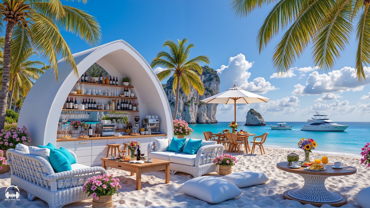 Tropical Morning Jazz at Beach Cafe Ambience 🌊 Summer Bossa Nova & Ocean Waves for Happy Moods