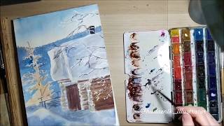 Как нарисовать снег акварелью/ Watercolor landscape