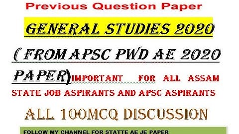 GS Paper Fully Solved | APSC AE (Civil) under PWD Exam | 15.11.2020 | Important 100 GS MCQ