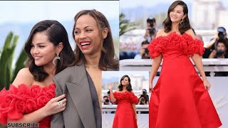 Selena Gomez wows in a ruffled red dress as she joins Zoe Saldana at Emilia Perez photocall during