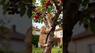 Two Adorable Kittens Climbed A Cherry Tree To Pick Cherries.