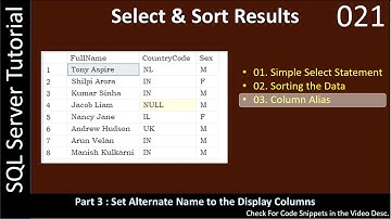 Select and Sort | Part 3 - Column Alias | SSMS TSQL Tutorial #021