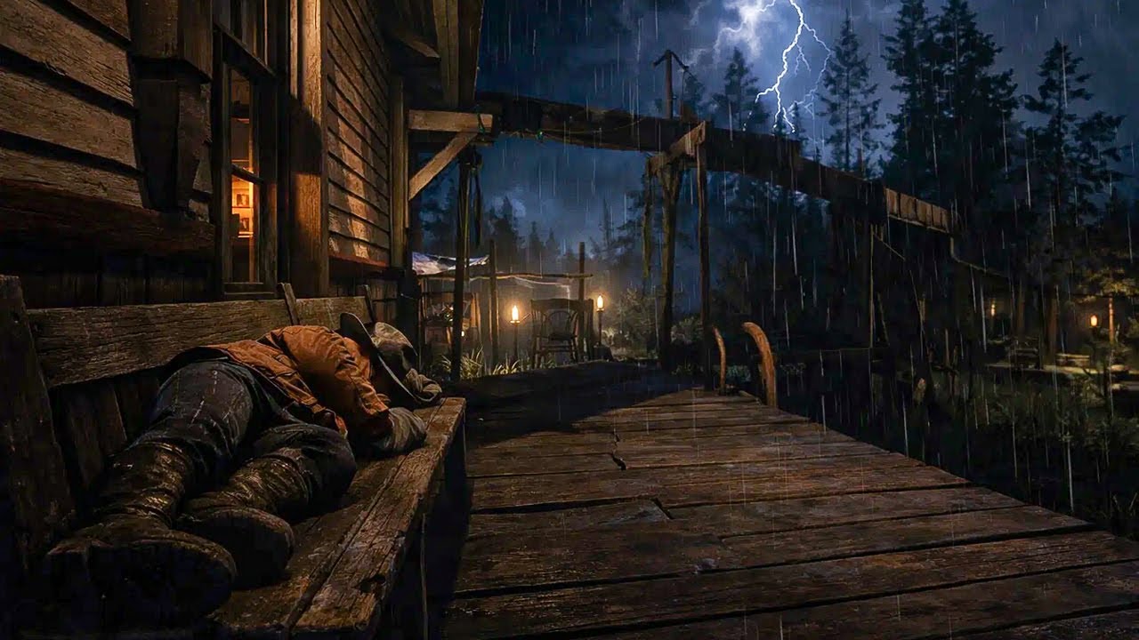 Arthur's Peaceful Sleep On a Bench Under a Wooden Roof During Heavy Thunderstorm | RDR2 ASMR
