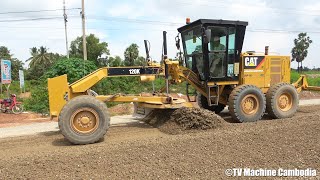 Building new road with caterpillar motor grader 120k and roller soil compactor