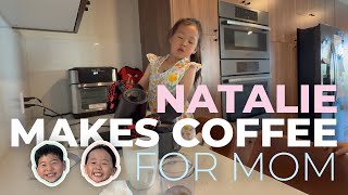 Natalie Makes Coffee for Mom Cute Kids Barista Moment Natalie in San Diego