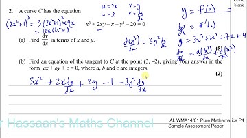 WMA14 /01 (Edexcel)  IAL  P4  Sample Assesment Paper  Q2 Implicit Differentiation
