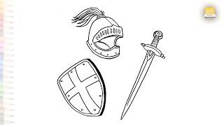 Knight's helmet plume shield sword drawings easy | Outline sketches | How to draw Knight helmet