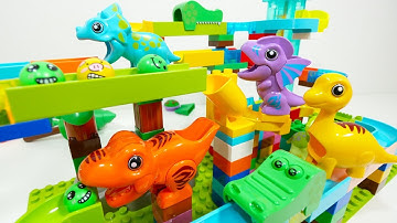 Satisfying Building Block coaster ☆ Marble Run ASMR funny dinosaurs and Spiral elevator course