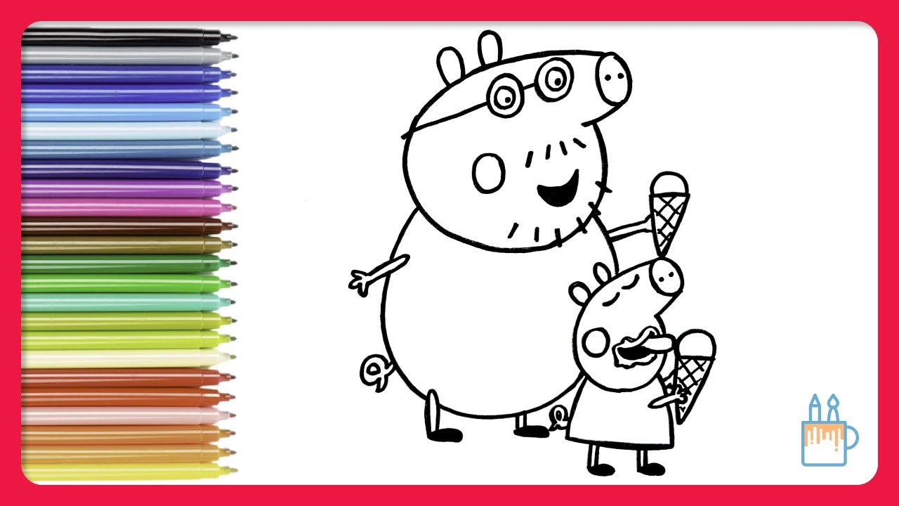 desenhar e colorir Peppa Pig e mamãe e George Pig tomando sorvete