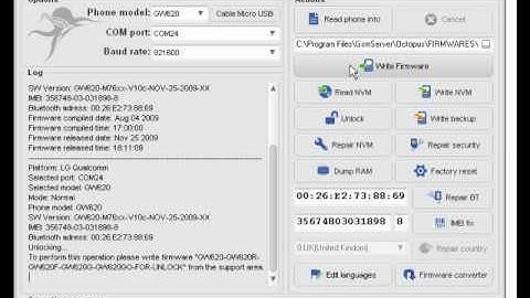 Write firmware and Unlock of LG GW620