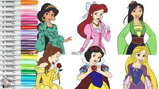 Disney Princess Coloring Book Compilation Ariel Belle Jasmine Mulan Rapunzel Snow White