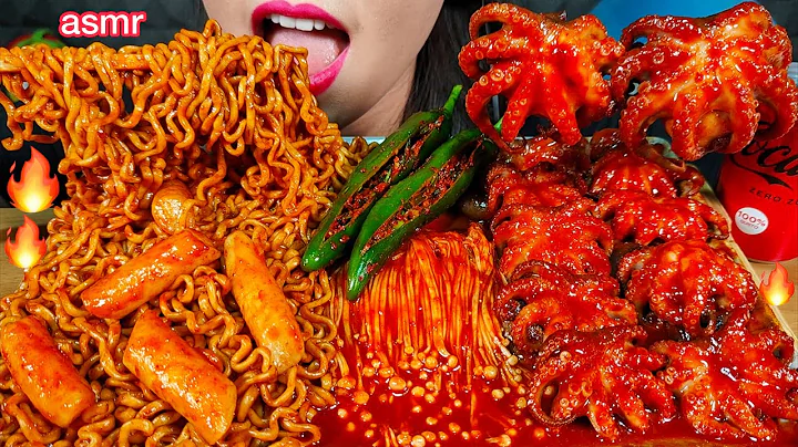 ASMR SPICY NOODLES, RICE CAKE, OCTOPUS, ENOKI MUSHROOMS 먹방 MUKBANG MASSIVE Eating sounds