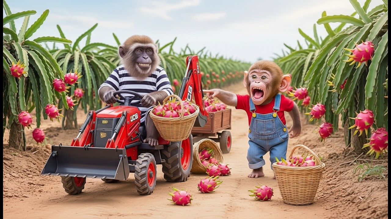 Funny Monkeys Harvesting Dragon Fruit on the Farm