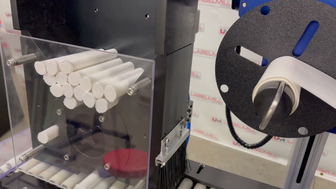 LabelMill LM5000RB Rollerbed Conveyor w/ LM3542SF Print & Apply Label Applicator for Pre-Roll Tubes